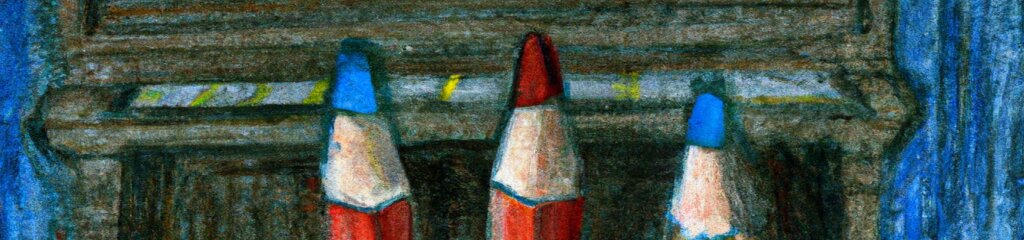 Three pencils playing a concert piano in front of an audience in impressionist style
