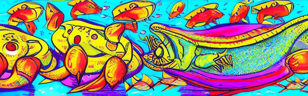 A large fish giving a pep talk to a group of crabs in a surrealistic style with electric colors, generated with DiffusionBee