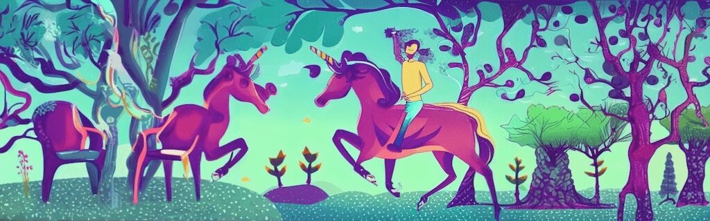 Generate an image that depicts a product designer riding a unicorn while using a computer to design a digital product that has a tree growing out of it, digital art style., generated with DiffusionBee