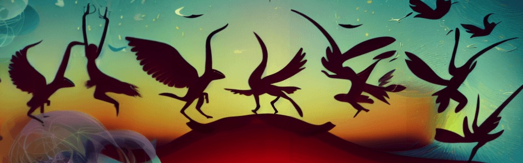 A magical silhouette of flying animals dancing with an abstract background, with realistic lighting, generated with DiffusionBee