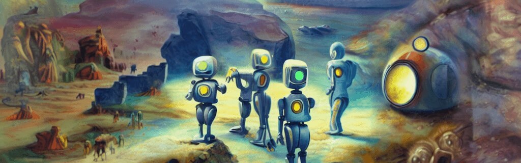Robot explorers arrive at an undiscovered land, painting, generated with DiffusionBee