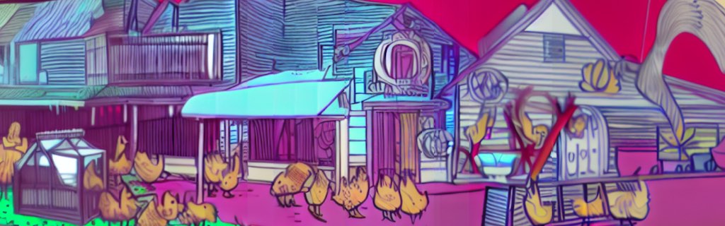 The house of chickens synthwave cel shading illustration, generated with DiffusionBee