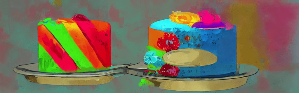 Two very colourful cakes in a plain kitchen, digital art, generated with DiffusionBee